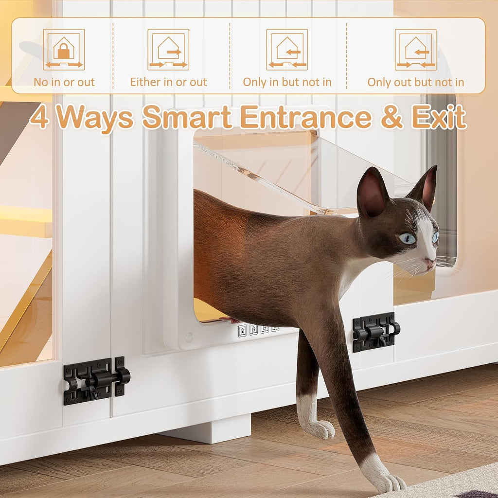 Farmhouse Cat Litter Box Enclosure with Stairs and Scratching Post, 47" Dual-Acrylic Door Cats House with LED Light