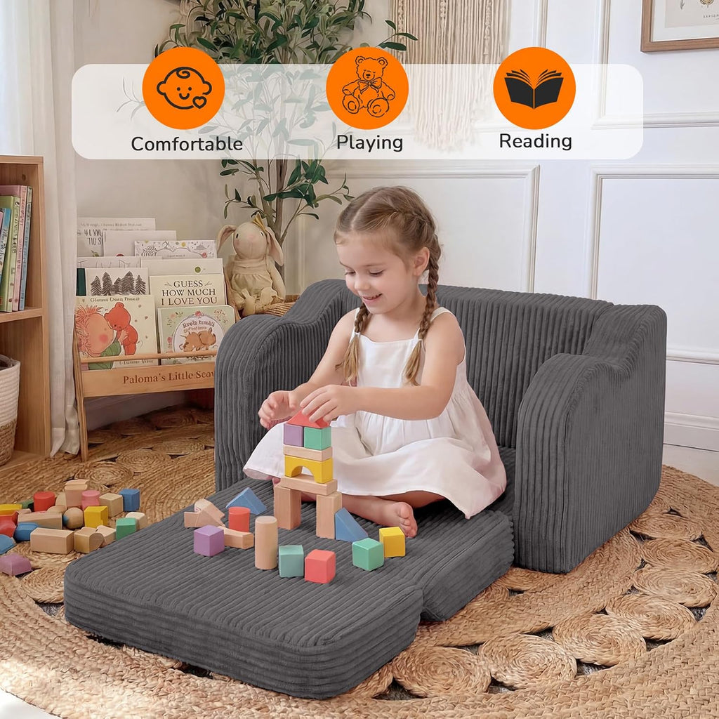 Kids Chair, in-1 Corduroy Fold Out Sofa, Foam Seat, Dark Grey