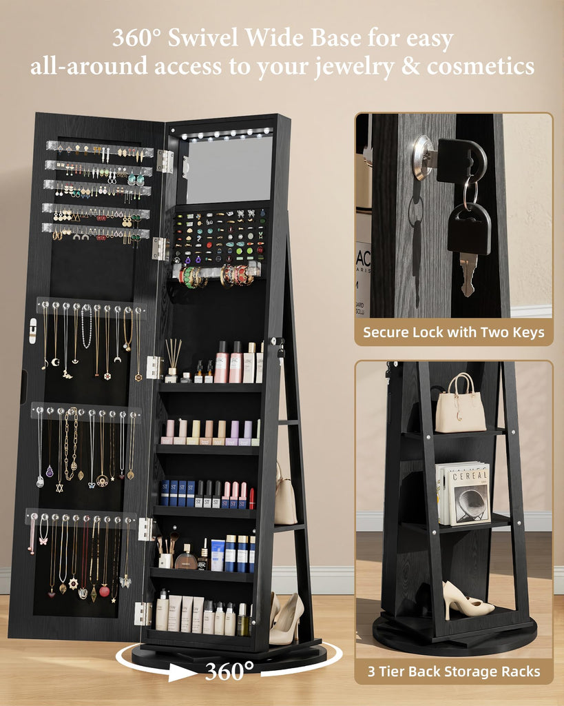 6 LEDs Jewelry Armoire with Frameless Full-Length Mirror, Black