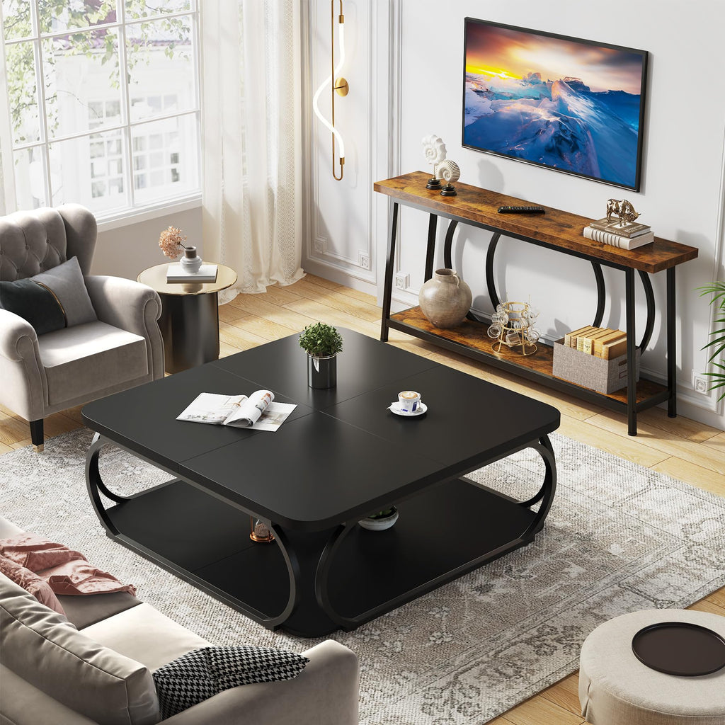 Square Coffee Table with Open Storage Shelf, 39 Inch Large Wood Center Table 2 Tier Low Coffee Tables Farmhouse Tea