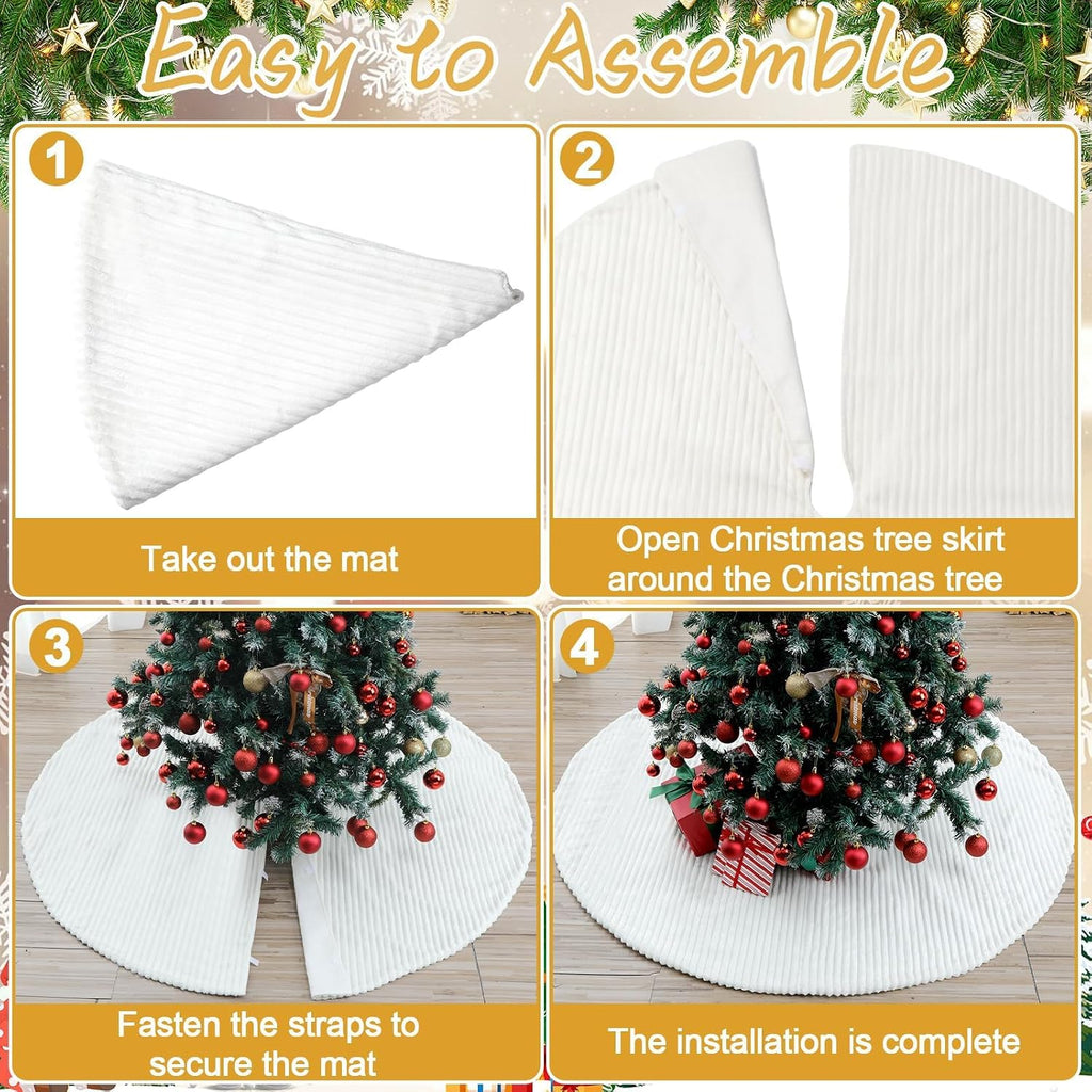 72 Inch Large Faux Fur White Christmas Tree Skirt for 7.5ft to 12ft Tree with Stripe Textured Pattern Soft Beige Boho