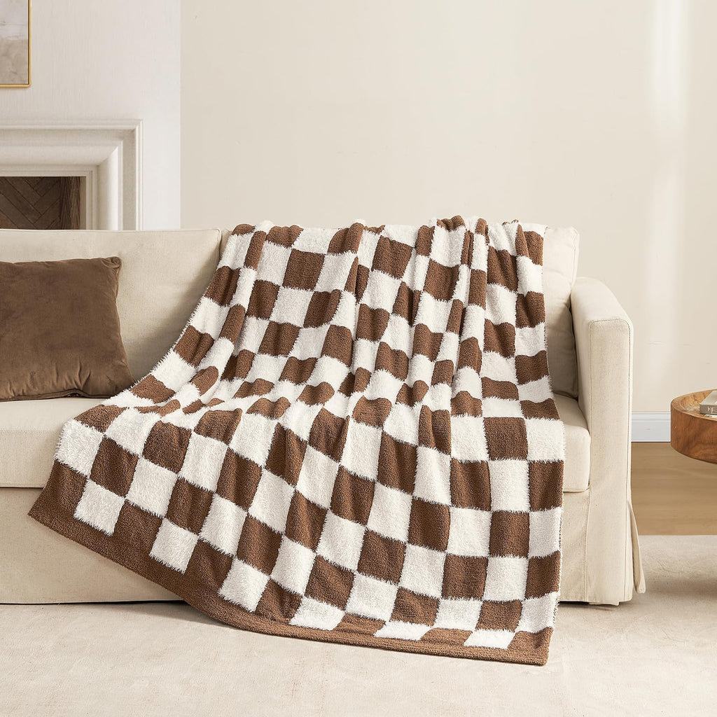 Brown Checkered Throw Blanket Faux Fur Microfiber Blankets for Couch, Cozy Soft Warm Blanket for Sofa Bedroom Living