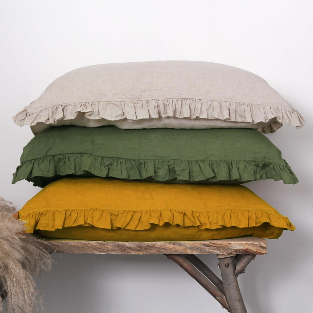 Linen World Linen Ruffled Pillow Cases 20''x30'' - 100% French Natural Linen Pillowcase Set of 2, Ruffled