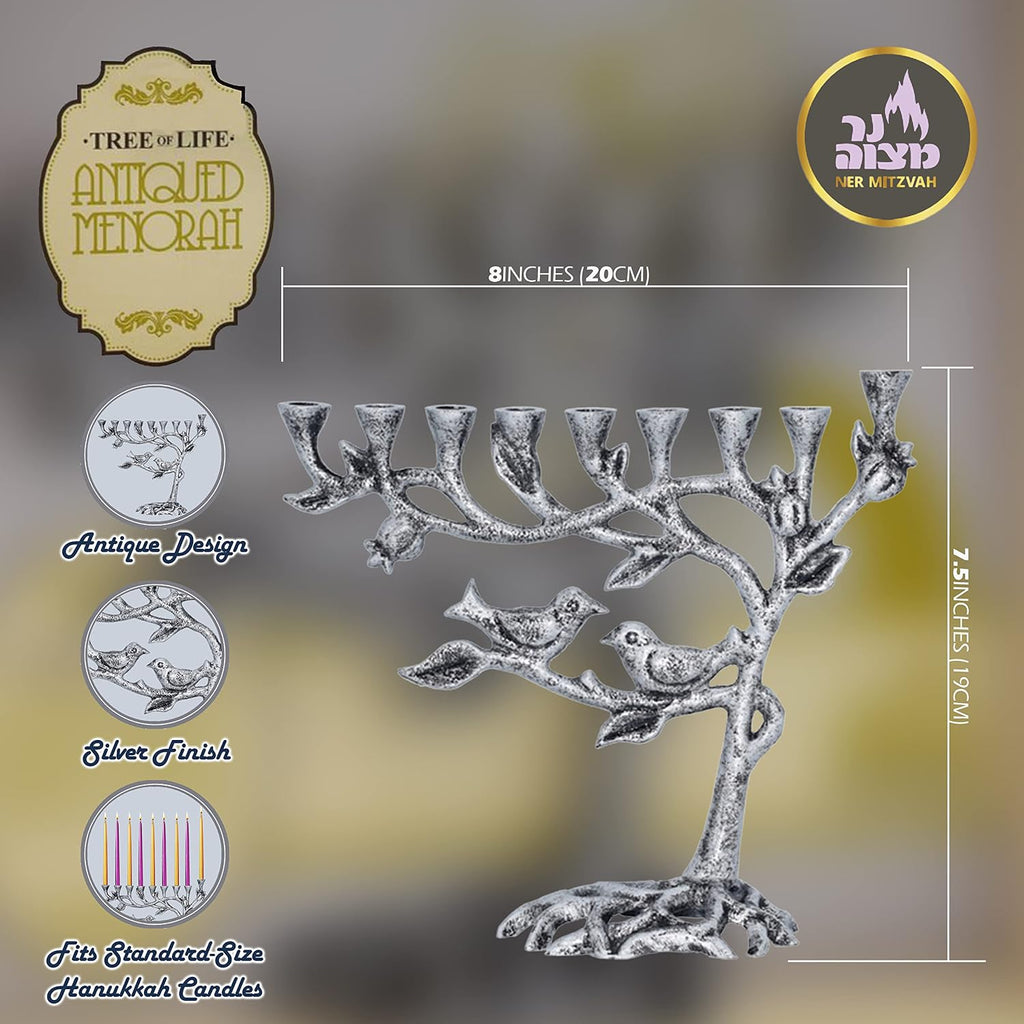 Tree of Life Menora for Chanuka - Fits All Standard Chanukah Candles - Artistic Candle Menorahs - Silver Hanukkah