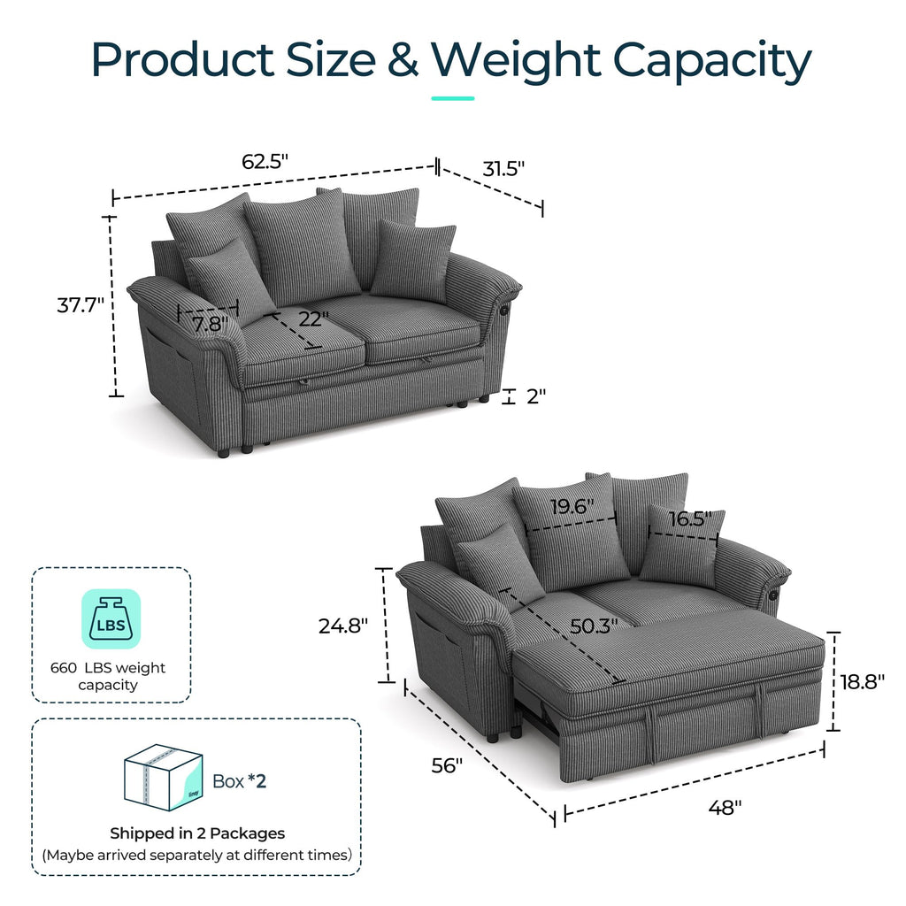 Sectional Couch with Pull Out Bed, Large Corduroy Modular Loveseat Sleeper Sofa, Wide Armrest, 62" 2 Seats Sectional