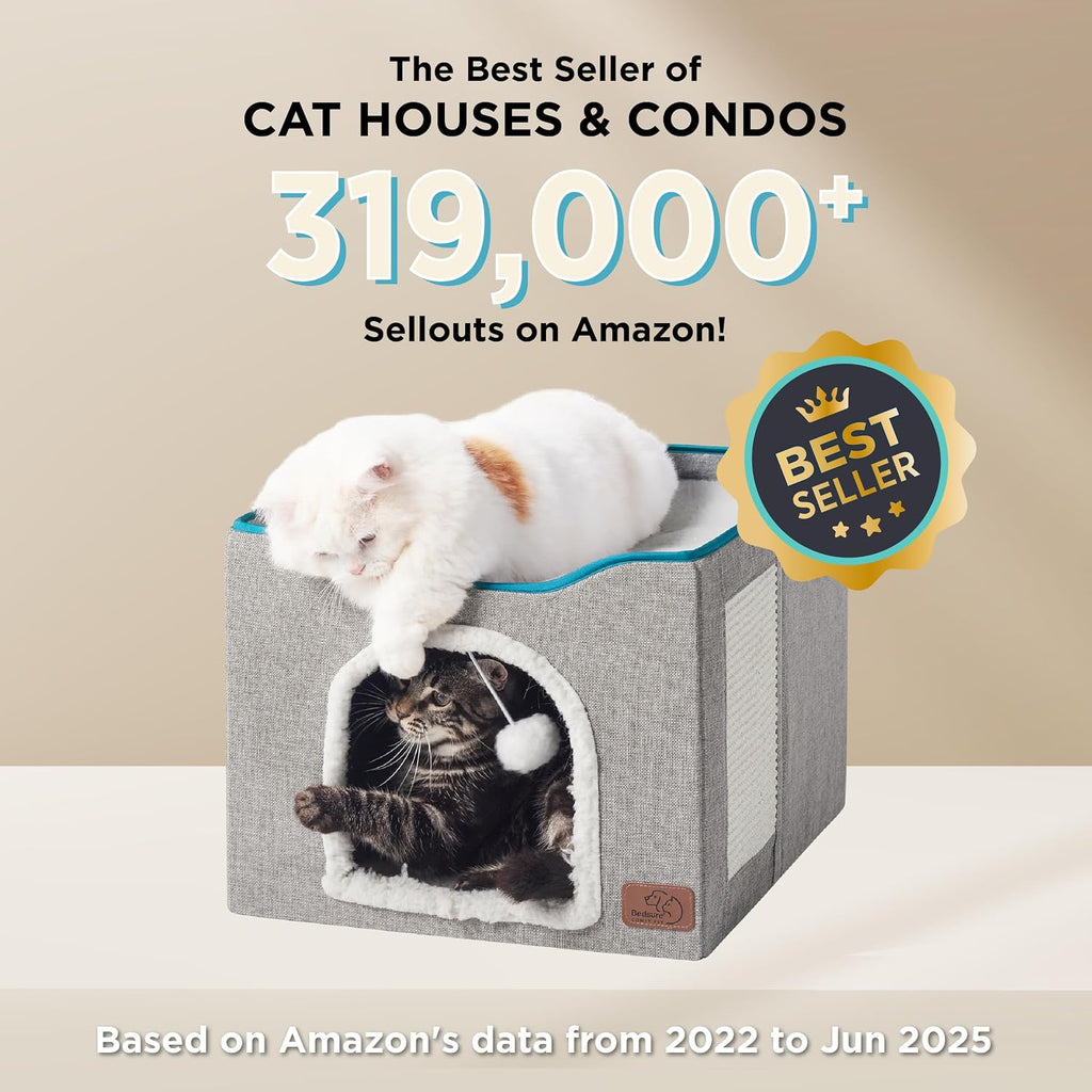 Cat House Bed for Indoor Cats with Fluffy Ball and Scratch Pad