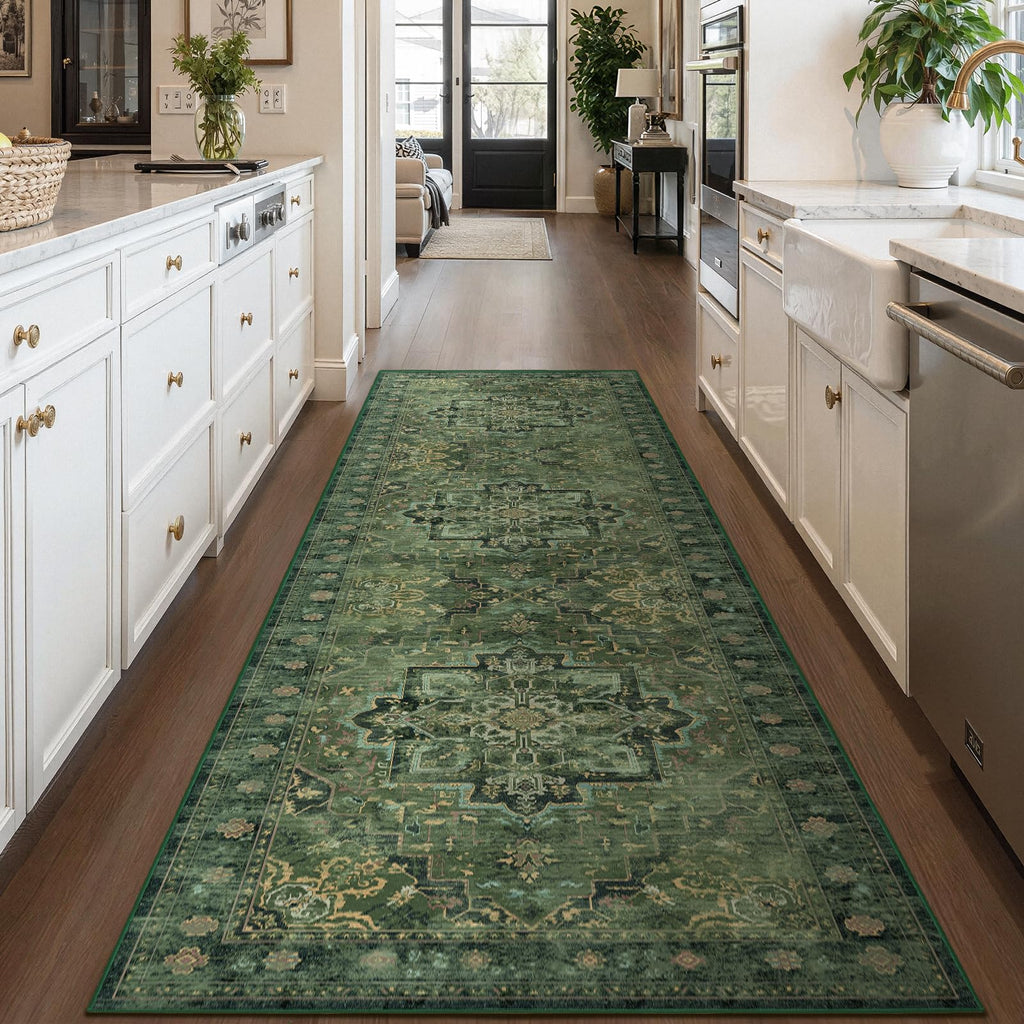 Retro Green 3x8 Rug Runners Non Slip, Distressed Medallion Carpet Runners 8ft, Low Pile Thin Runner Rug Non Slip