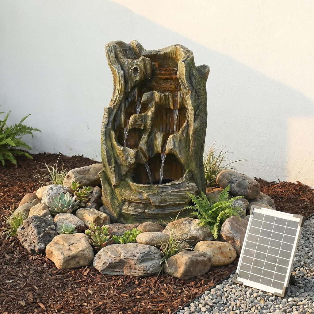 Solar Outdoor Water Fountain, 24.4" Tall Tree Stump Cascading Fountain with Solar Powered Pump