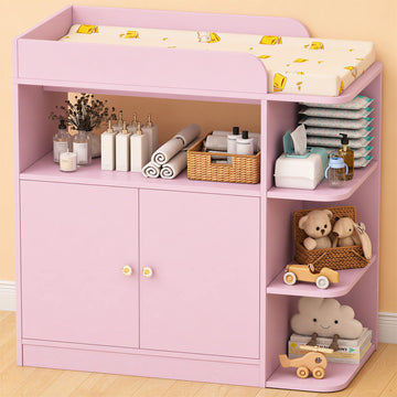 Changing Table Dresser with Large Cabinet, Wood, Pink