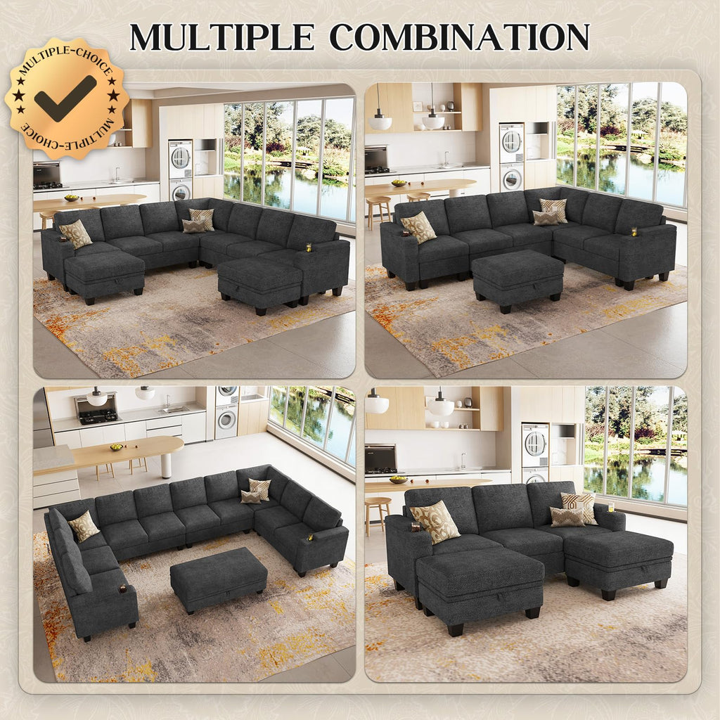 Chenille Modular Sectional Sofa, 7 Seater U Shape Couch, Dark Grey