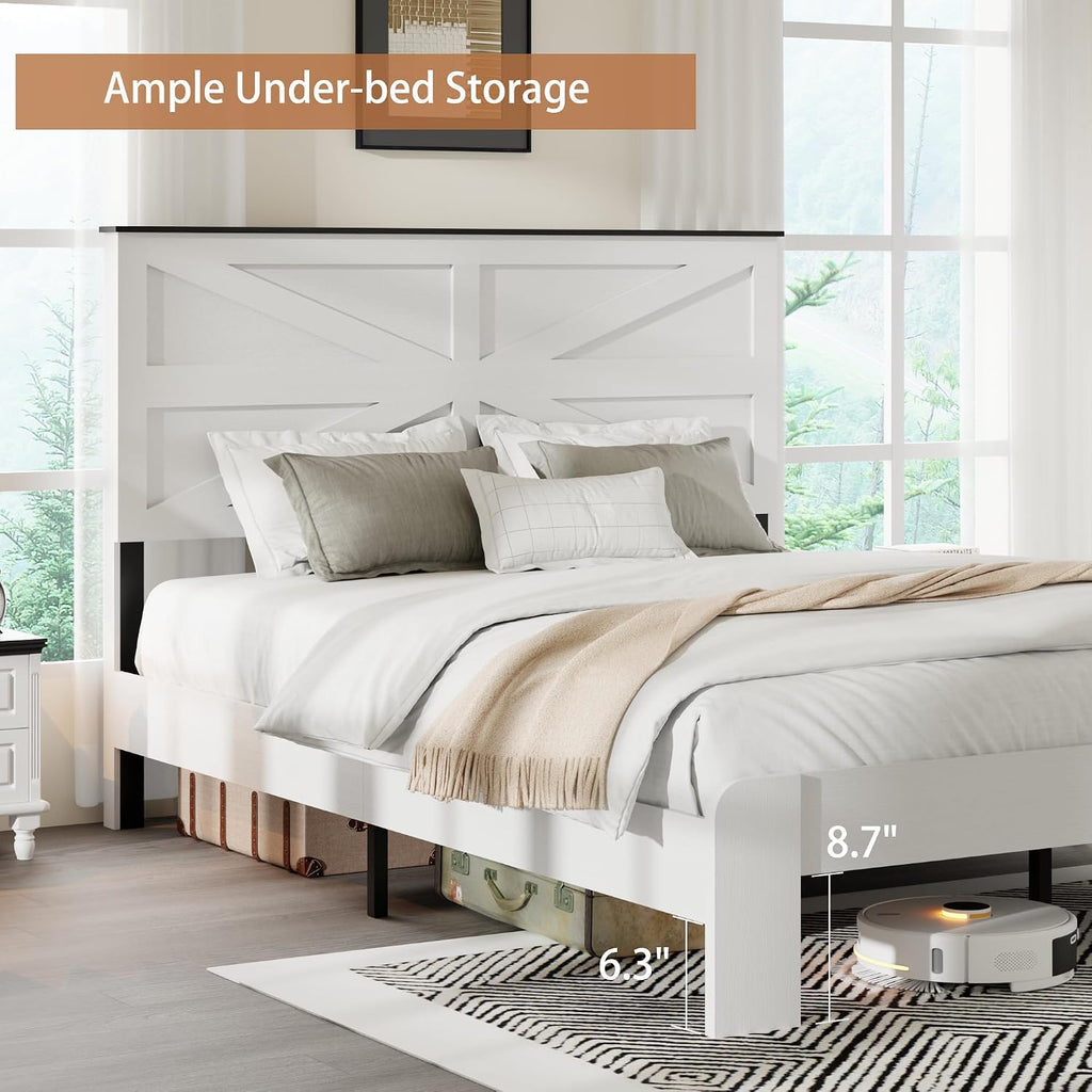 Farmhouse King Wooden Bed Frame with Headboard, Boho Platform Bedframe, Sturdy Metal Slats Support, No Box Spring