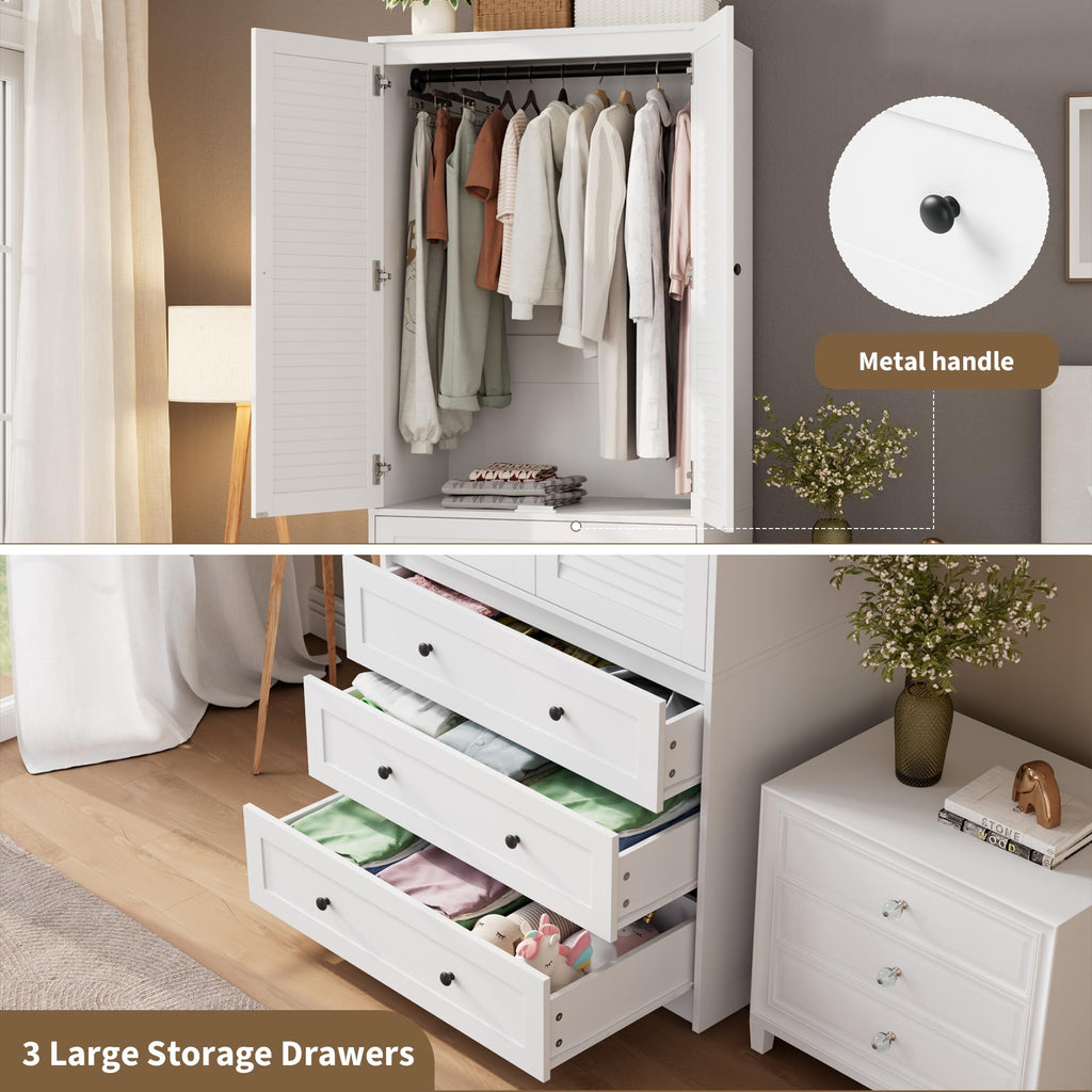 70" Wardrobe Armoire Wooden Closet with 3 Drawers, White