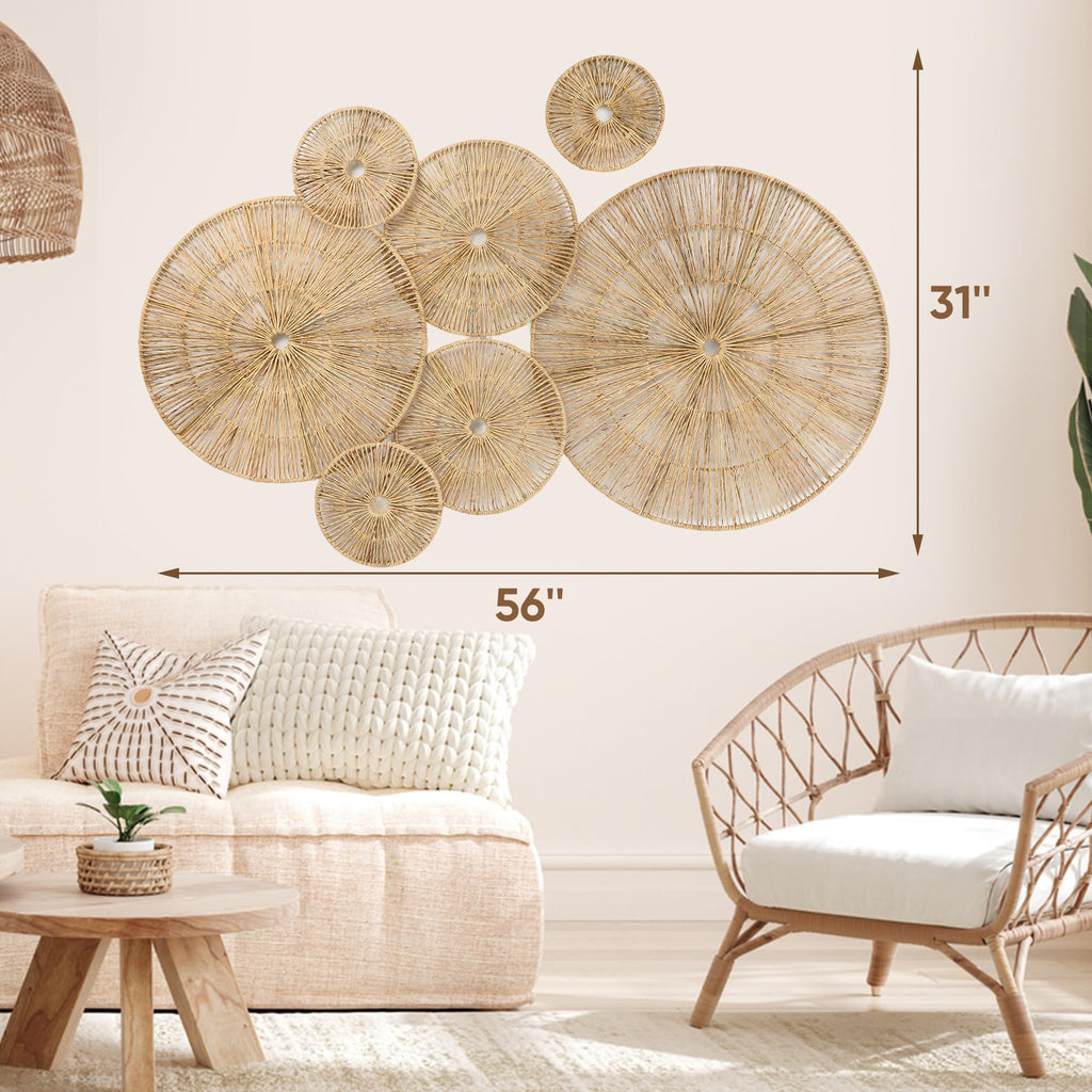Set of 7 Boho Wall Decor - 18-Inch Handcrafted Woven Jute Hanging Basket Decor - Unique Large Round Flat Wall baskets