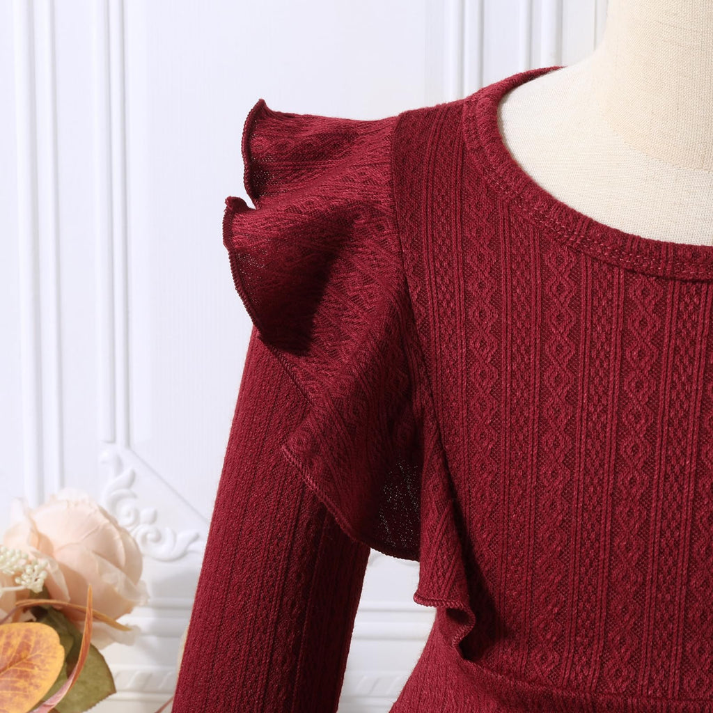 Toddler Girl Christmas Dress Baby Sweater Dresses Ruffle Ribbed Knit Long Sleeve A-Line Swing Fall Winter Red 4 5
