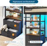 Twin Over Full Bunk Bed with 4 Storage Drawers and Bookshelf, Metal Bunk Beds with LED Lights, Charging Station