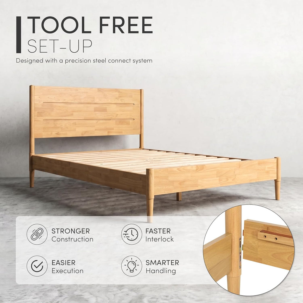 Apollo Solid Wood Platform Bed Queen, Headboard, Light Oak