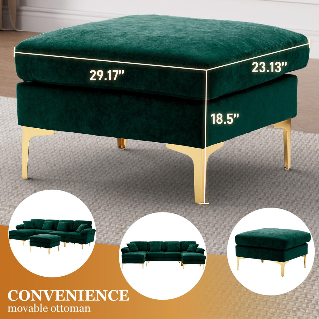 114" U-Shaped Sectional Couch with Ottoman, Emerald Green