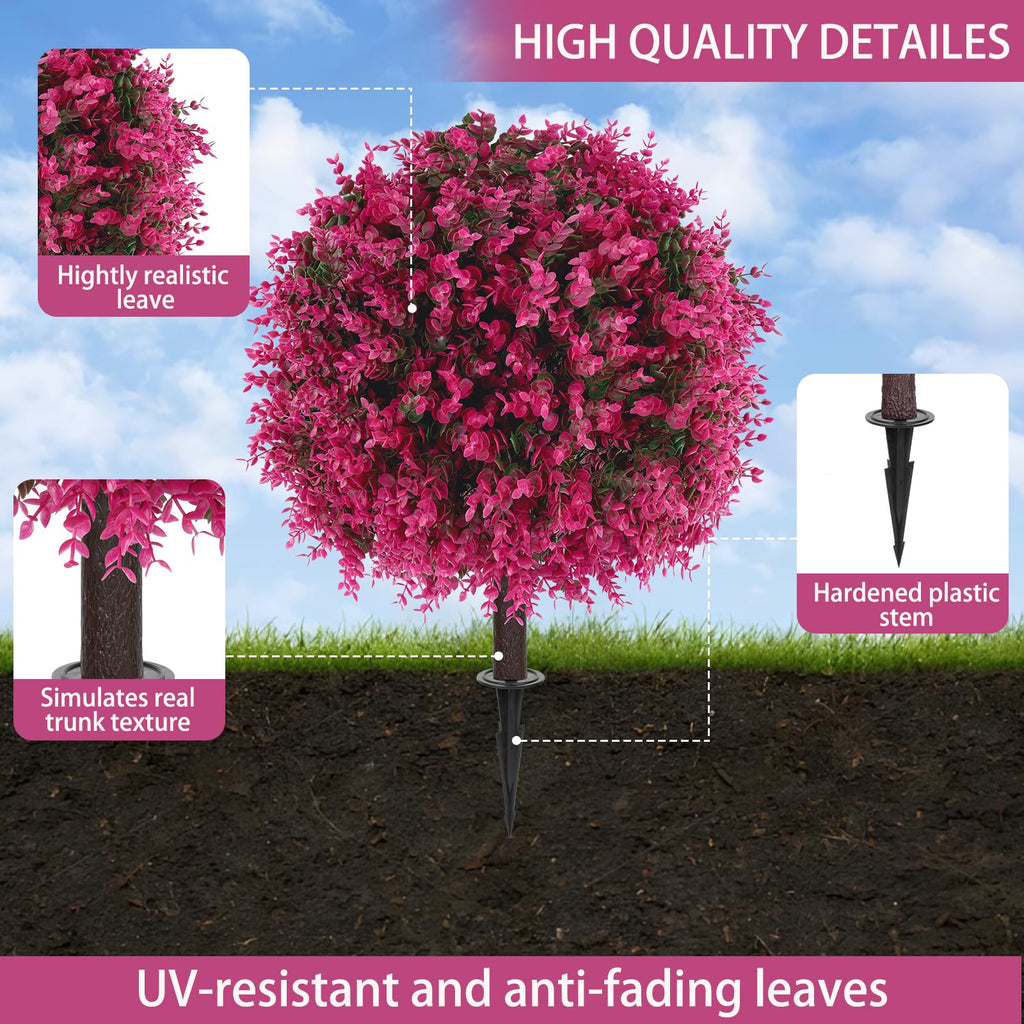 2 Pack Fake Pink Eucalyptus Topiary Ball Trees with Ground Spike