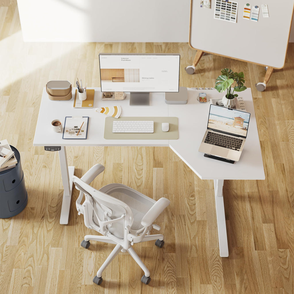 55 x 32 Inch Corner L Shaped Electric Standing Desk, White