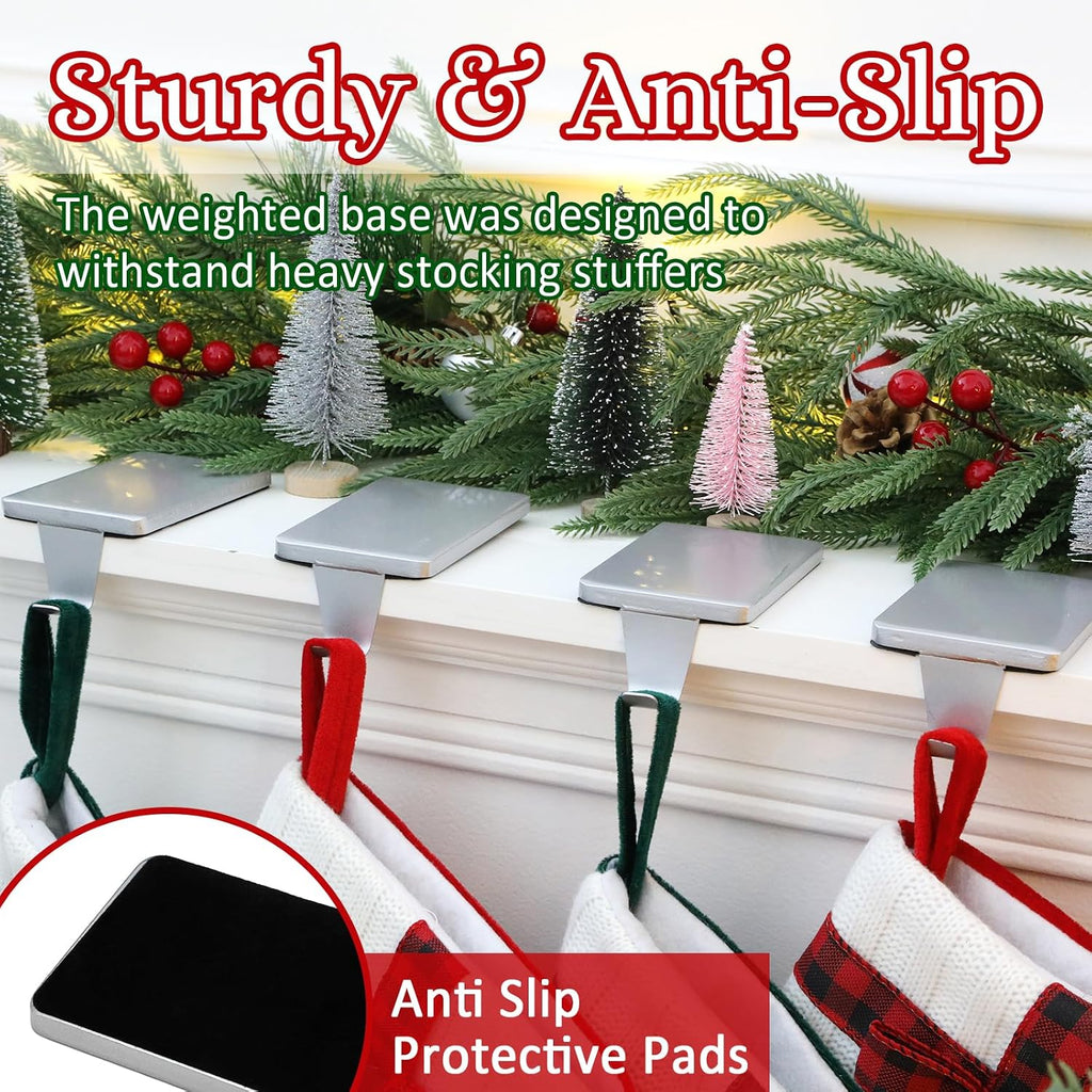 Christmas Stocking Holders for Mantle Set of 4, Silver Heavy Duty Iron Stocking Hangers Base, Low Profile Weighted