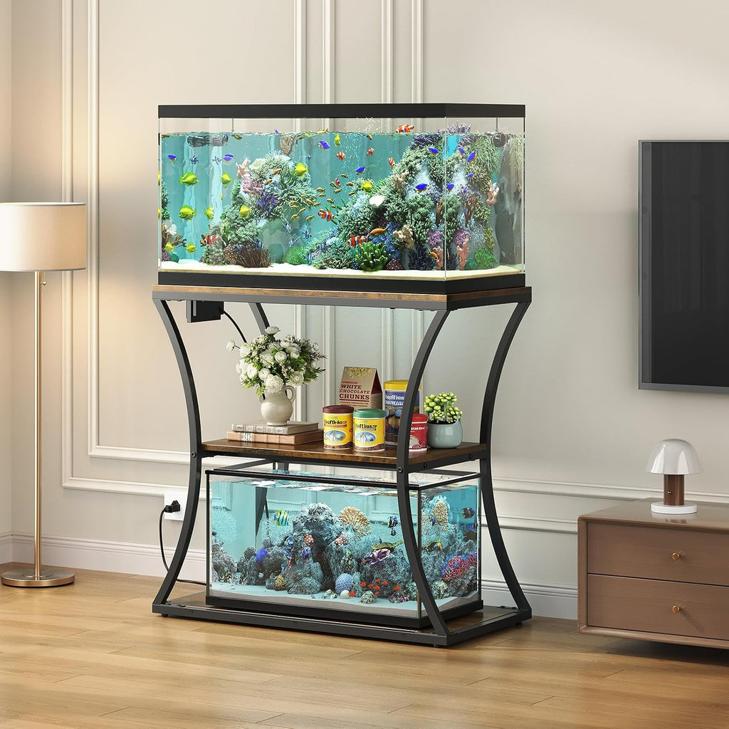 20-29 Gallon Fish Tank Stand with Power Outlet, 3-Tier Aquarium Stand with Storage, Heavy Duty Metal Frame Tank Rack