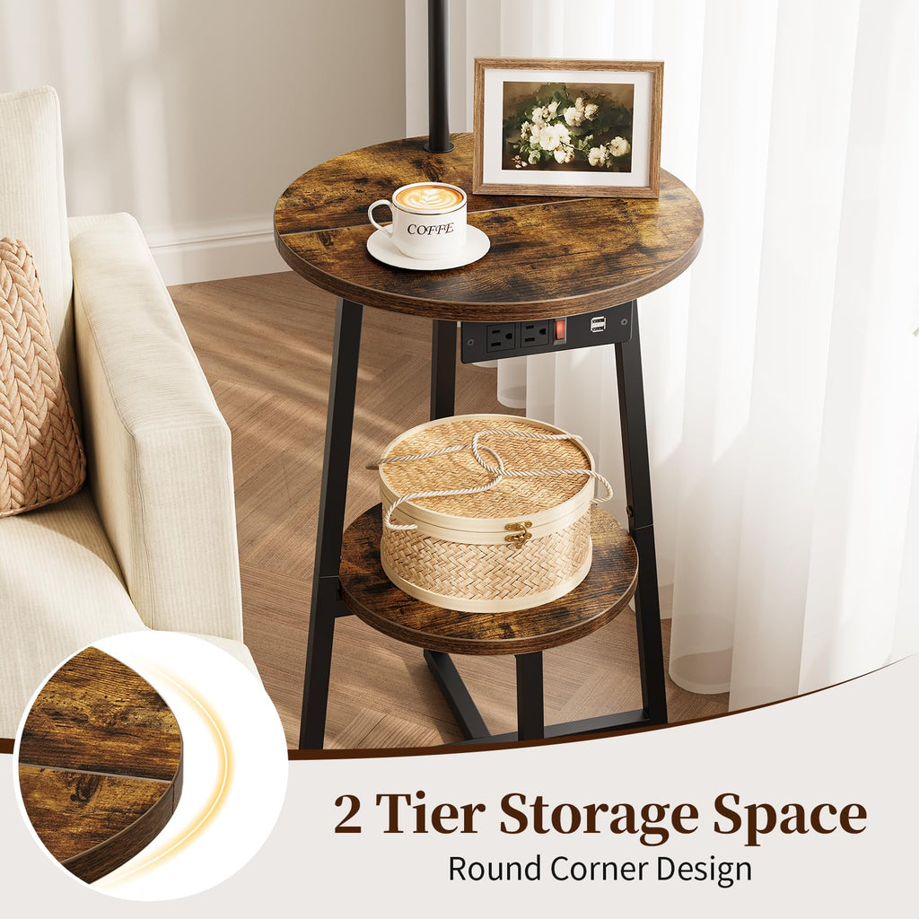 Floor Lamp with Table - Farmhouse Night Stand with Charging Station