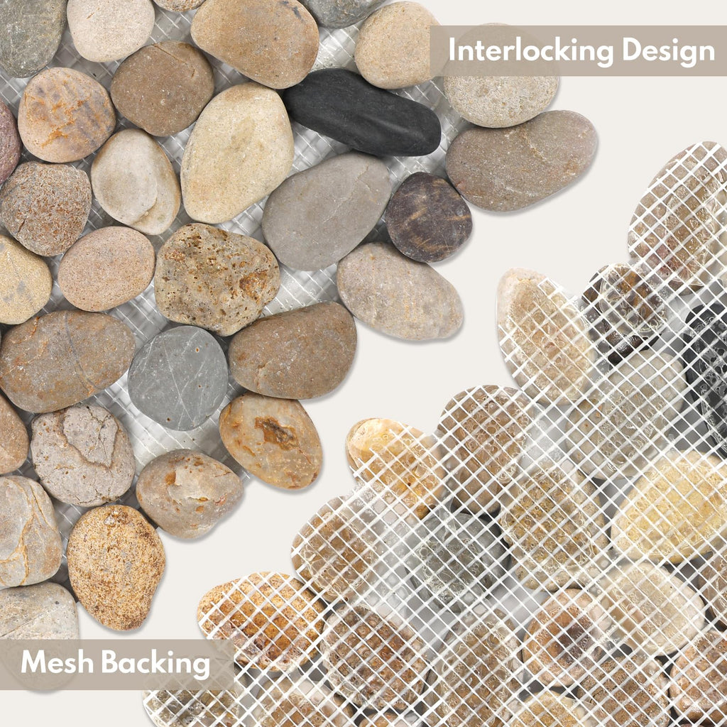 Pebble Tiles for Shower and Bathroom Floor, Tumbled Mix River Rock Pebble Stone Mosaic Tile with Matte Surface, 5