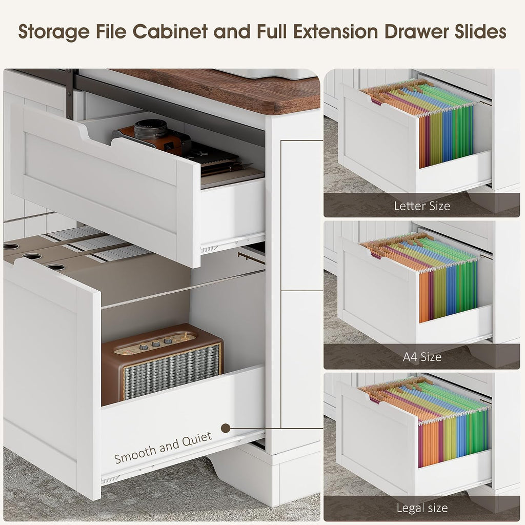 55" Farmhouse L Shaped Standing Desk with Storage Drawers, White | Home Office Electric Remote Work Desk with Cable