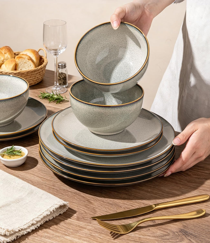 Dinnerware Sets for 6, 18 Pieces Ceramic Plates and Bowls Set