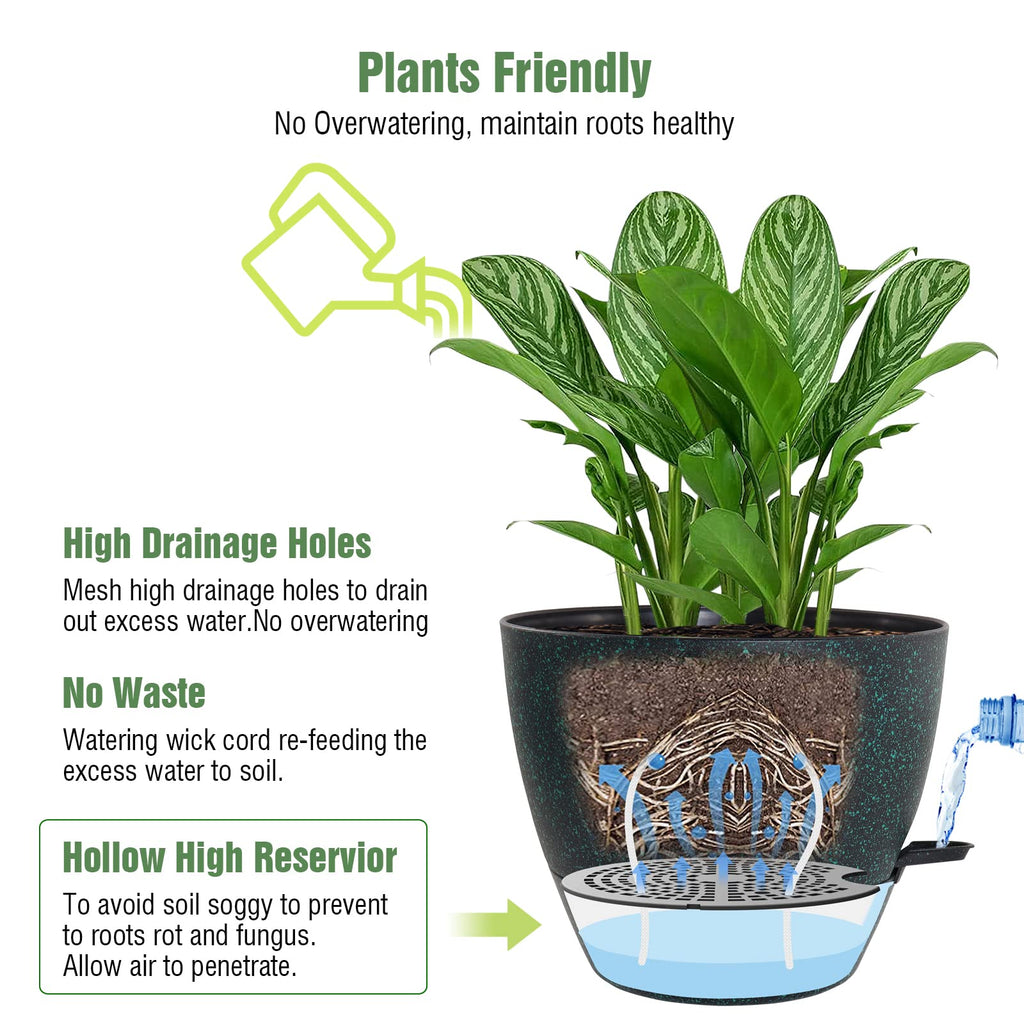 10 inch Self Watering Planters, 2 Pack Large Plastic Plant Pots with Deep Reservior and High Drainage Holes for