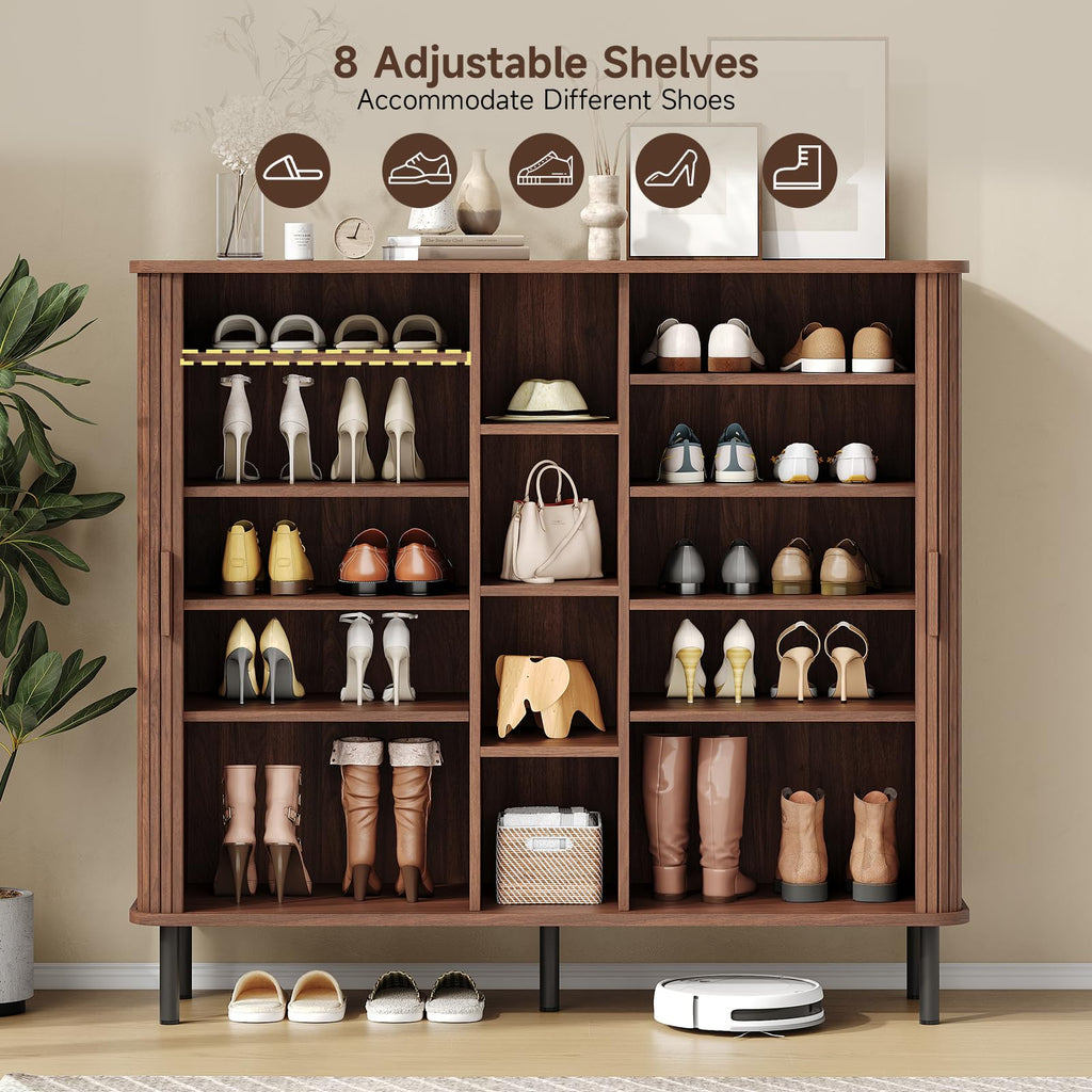48" Large Shoe Cabinet with 2 Sliding Doors & Open Storage, Walnut