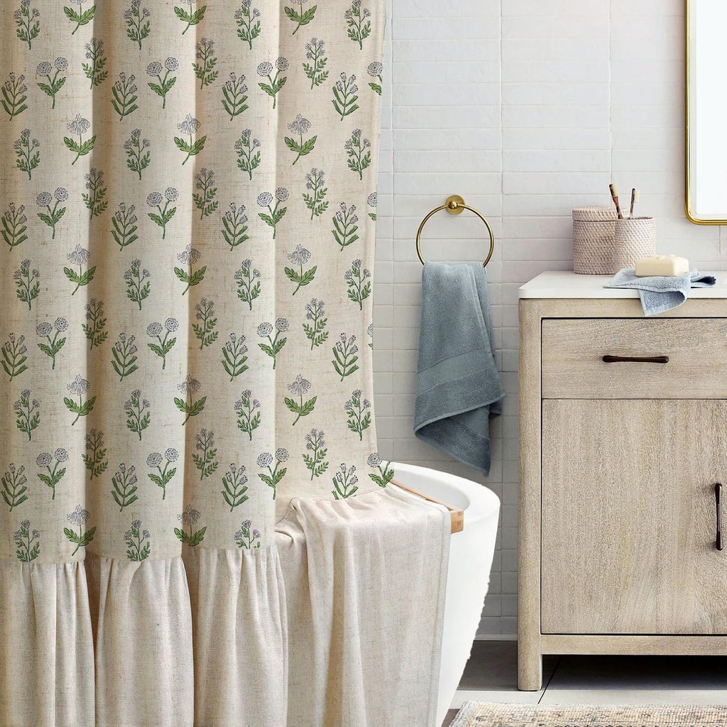 Linen Textured Ruffle Shower Curtain - Vintage Floral Block Print in Beige and Green, Boho Cottagecore Farmhouse