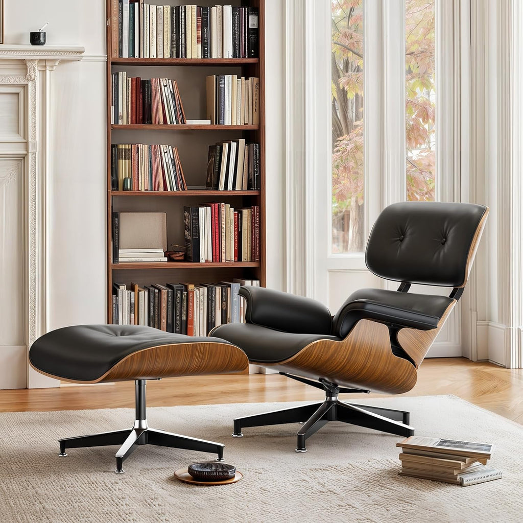 Mid-Century Modern Lounge Chair & Ottoman — Black PU Leather, Walnut Base, Standard