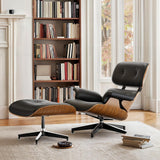 Mid-Century Modern Lounge Chair & Ottoman — Black PU Leather, Walnut Base, Standard