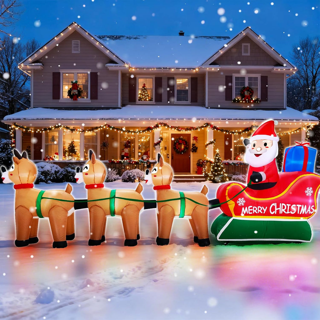 12 Feet Long Christmas Inflatables Santa Claus with Three Reindeer Built-in LED Lights, Blow Up Christmas Outdoor