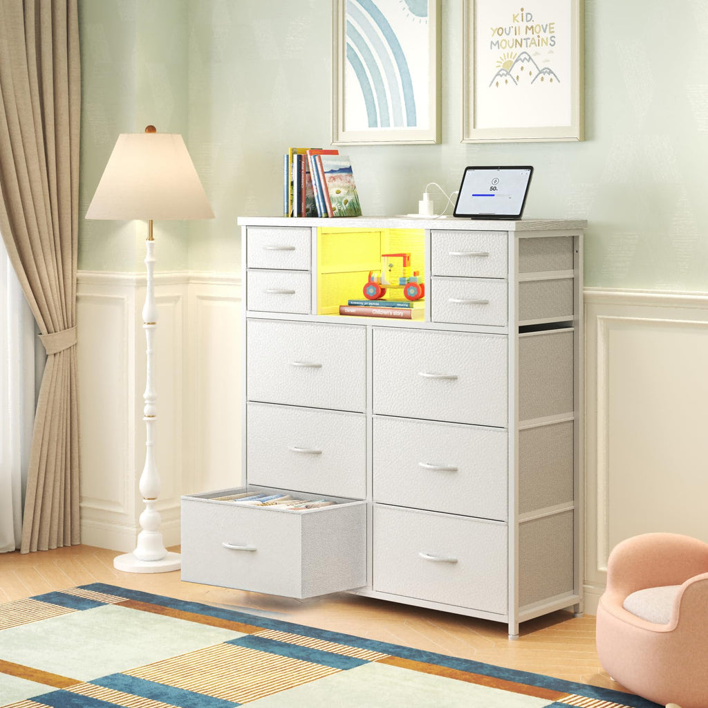 10-Drawer Tall, LED & Charging Station, White