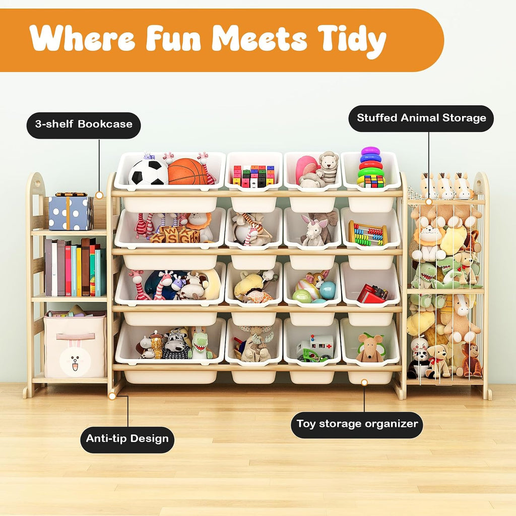 Large Toy Storage Organizer with 16 Bins, 3-Shelf Bookshelf, White | Toy Organizers with Stuffed Animal Storage
