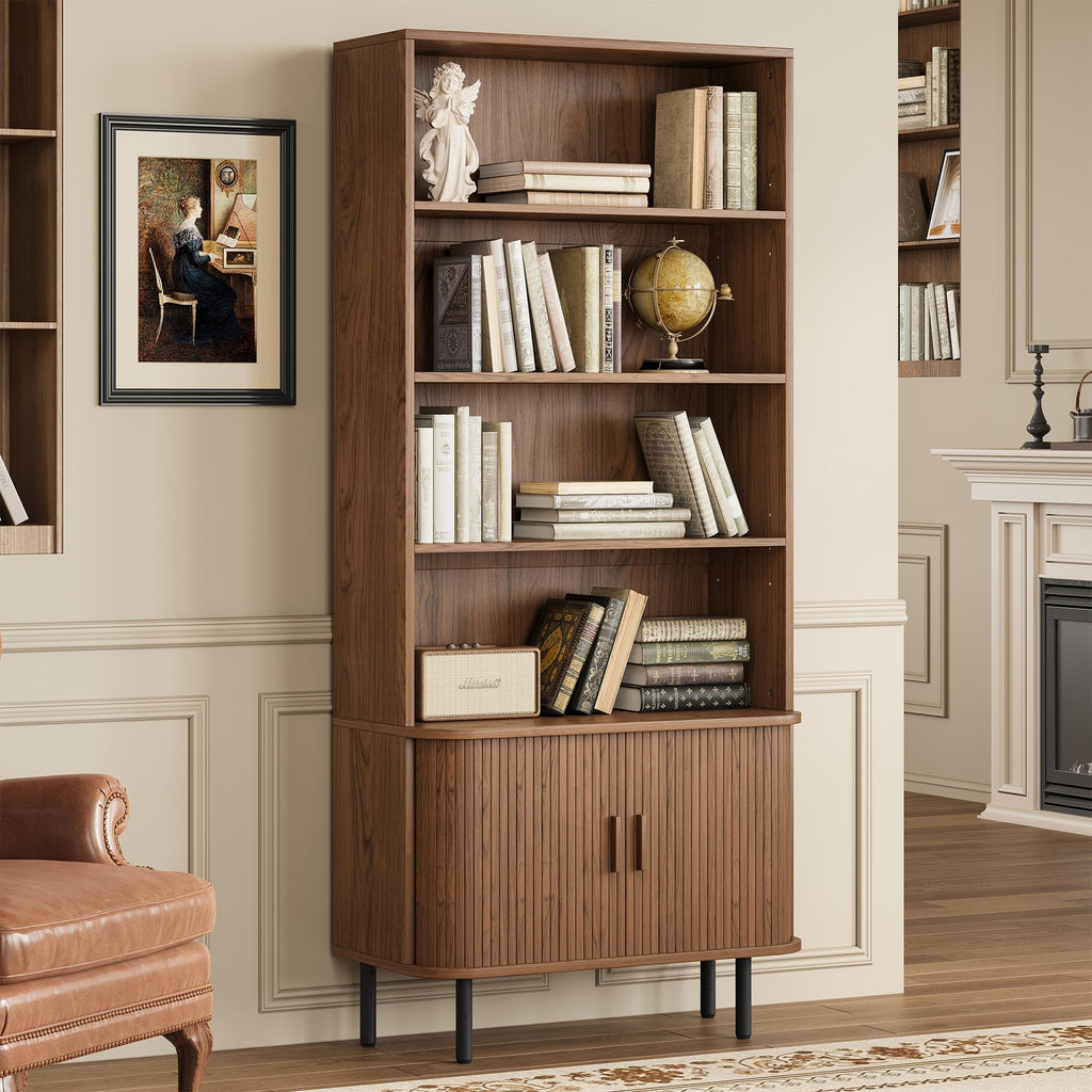 71" Tall Bookshelf with Cabinet, 5 Tier Fluted Bookcase Walnut