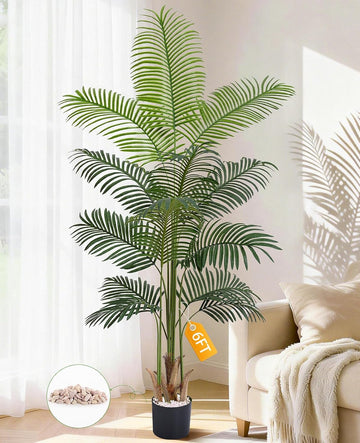 6 FT Artificial Plants Indoor, Tall Plant Palm Tree with Weighted Planter, Tropical Fake Tree with Realistic Leaves &