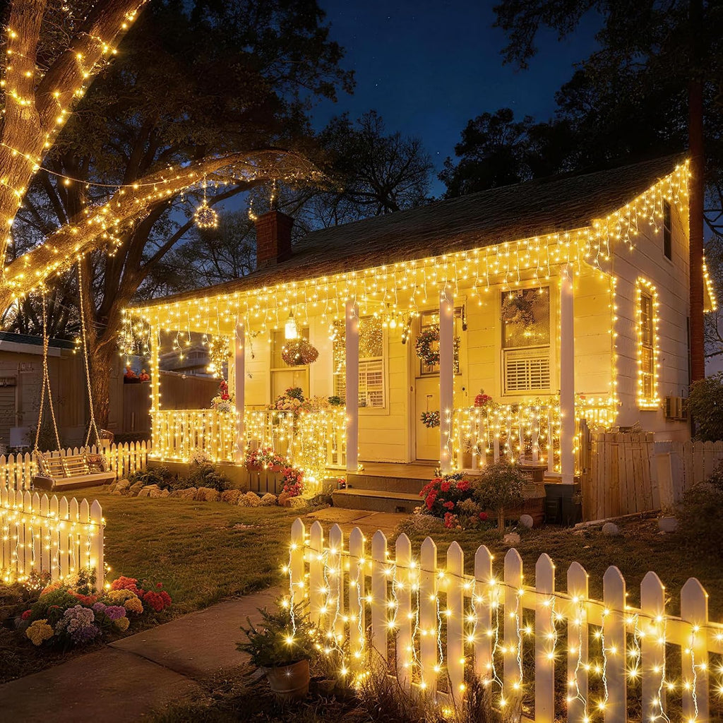 Christmas Lights Outdoor Decorations 400 LED 33ft 8 Modes Curtain Fairy String Light with 75 Drops, Clear Wire LED