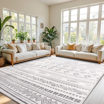 Boho Area Rug, Grey Washable Rugs with Non Slip Backing, Soft Geomtric Stain Resistant Moroccan Carpet Floor