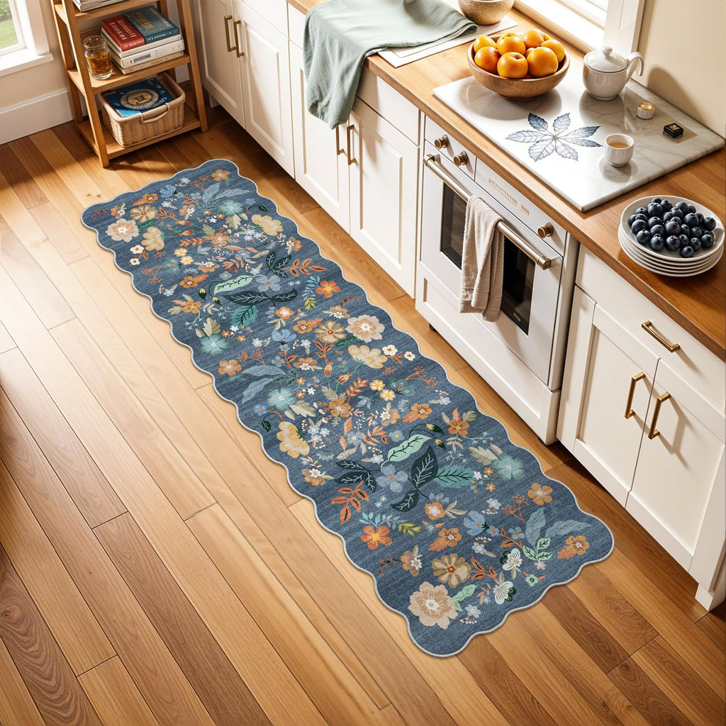 2x6 Washable Hallway Runner Rug: Blue Boho Floral Scalloped Kitchen Rug