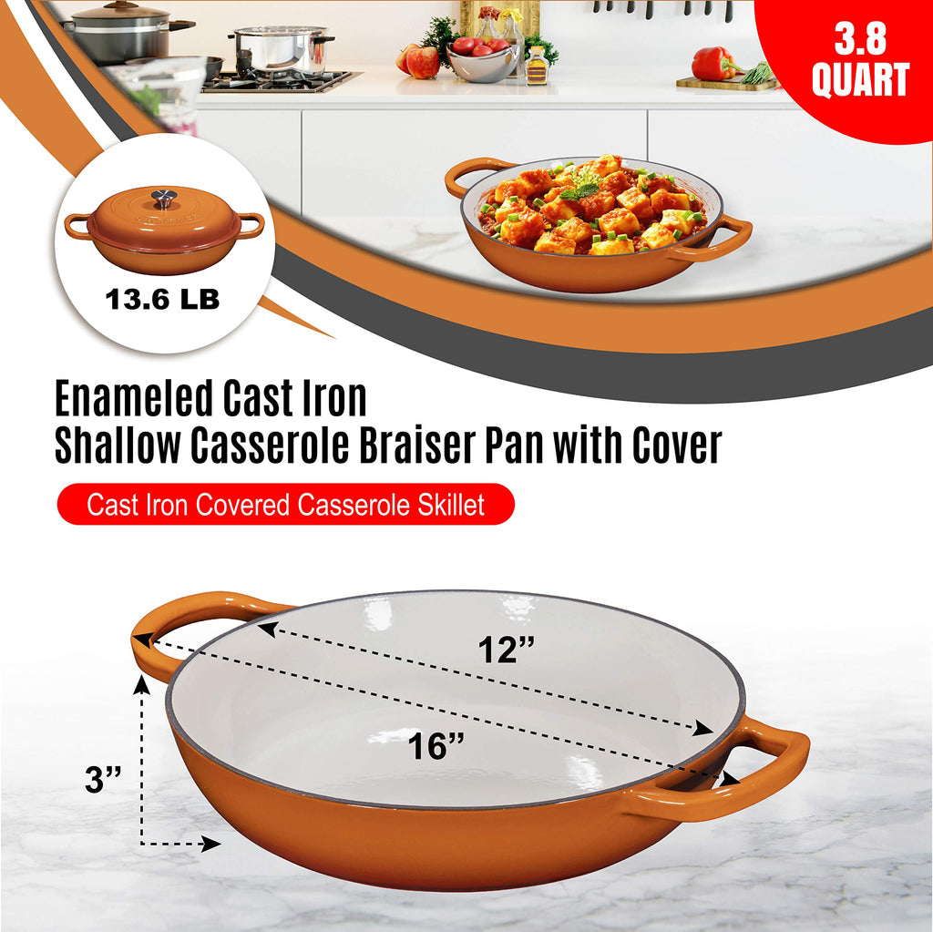 Cast Iron Dutch Oven Pot with Lid - 3.8 Qt Shallow Braising Pan with Handles for Stews - Enameled Casserole Dish