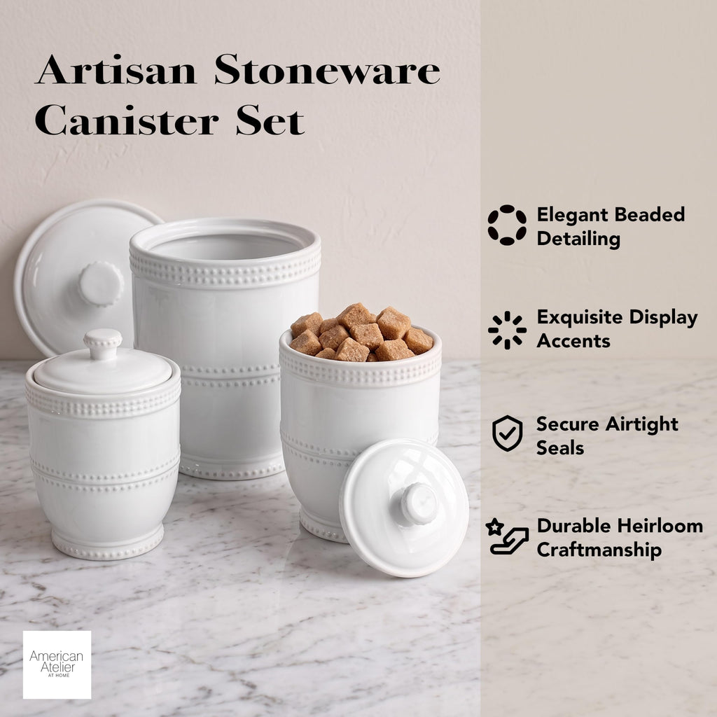 Round Ceramic Canister Set Lids Bianca Bead, White 3 PC
