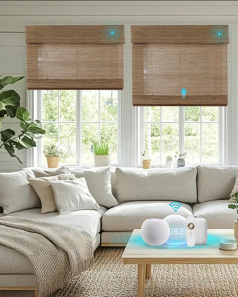 Motorized Bamboo Roman Blinds with Remote, Woven Roman Shades Compatible with Alexa Google Home, Automatic Bamboo