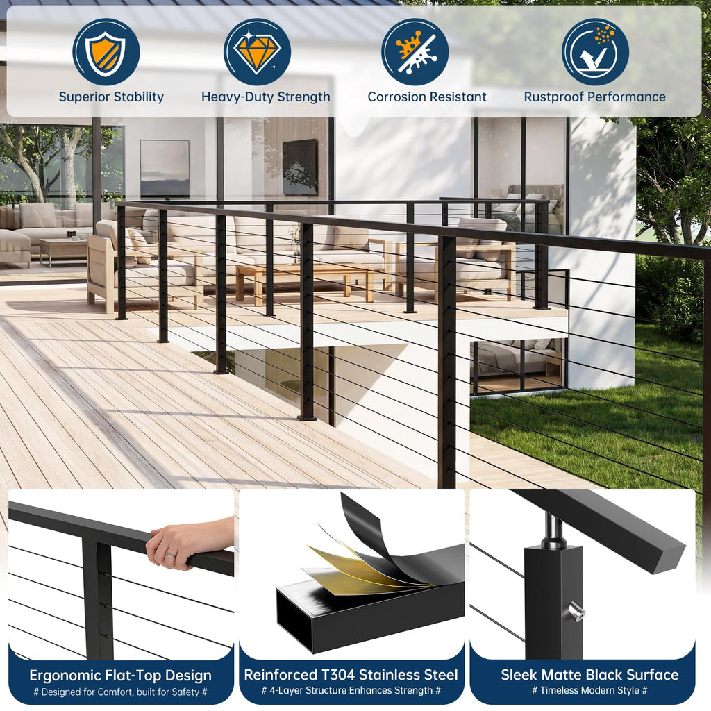 12FT Black Stainless Steel Cable Railing Handrail with POM Connector