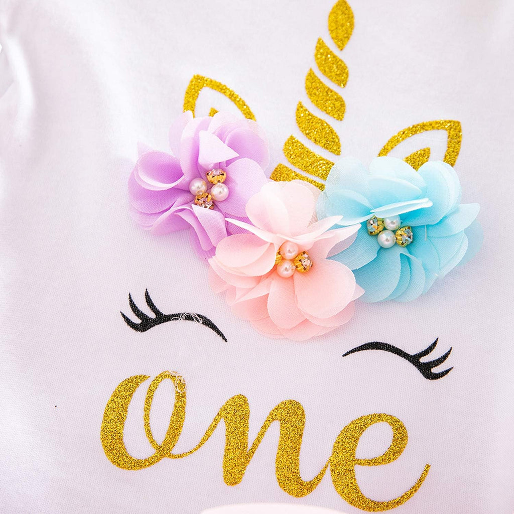 Baby Girls 1st Birthday Unicorn Outfits Set Tutu Skirt+ Unicorn T-Shirt+ Flower Headband 1 Year