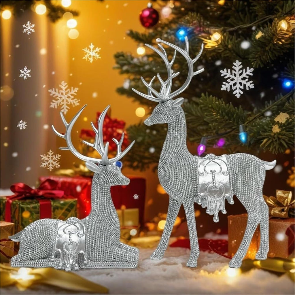 Gifts for Women Set of 2 Christmas Reindeer Statues 11.3" Gold Decorative Deer Sculptures Shelf Decor(Silver)
