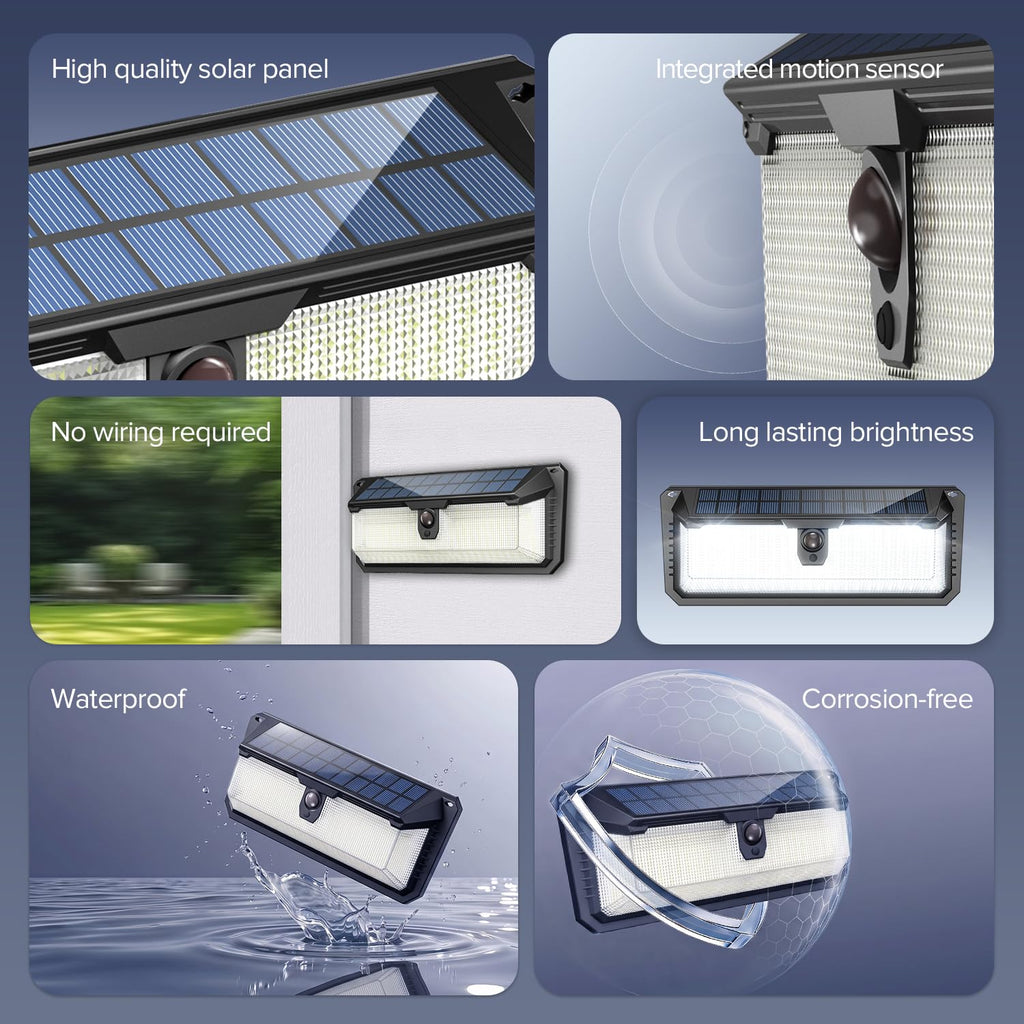Solar Lights Motion Sensor Outdoor, 258 LEDs Solar Powered Security Lights, 3 Lighting Modes, Waterproof Wall Lights