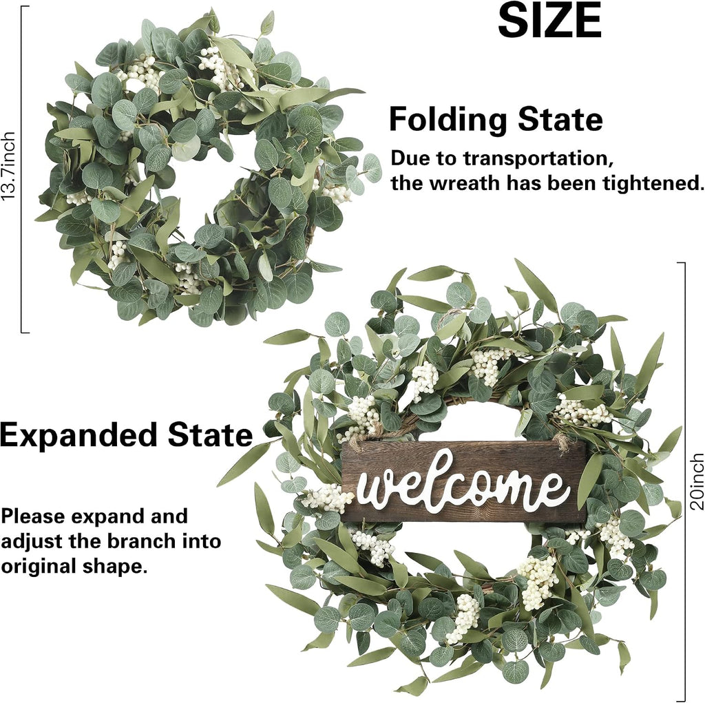 Green Eucalyptus Wreath with Welcome Sign 20in Artificial Spring Summer White Berries for Front Door Wall Window